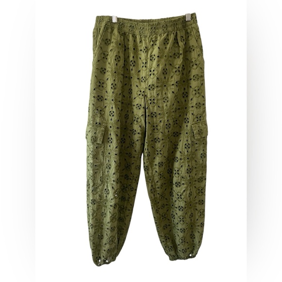 Anthropologie Women’s Eyelet Cargo Jogger Pants Army Green Cotton Pocket Size SP - Picture 10 of 10